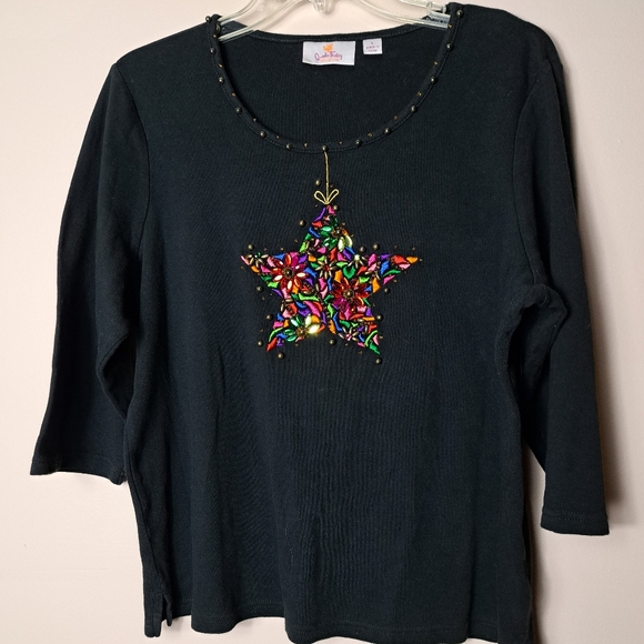 Quacker Factory Embellished Bead Embroidered Colorful Star Black Top Size Large - Picture 1 of 12